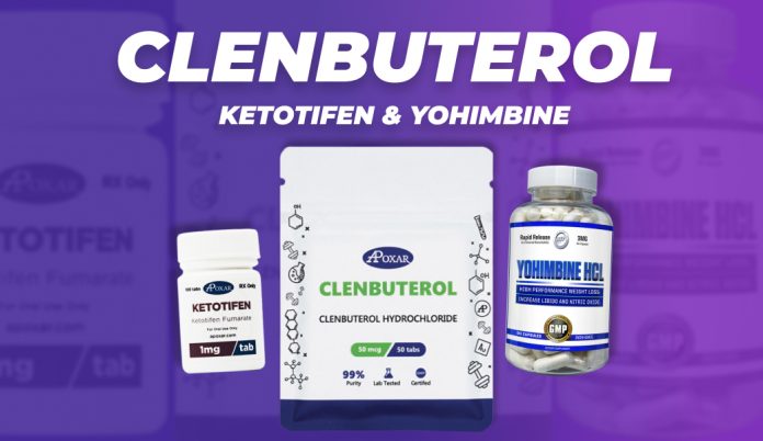 Clenbuterol Yohimbine and Ketotifen packs on violet background