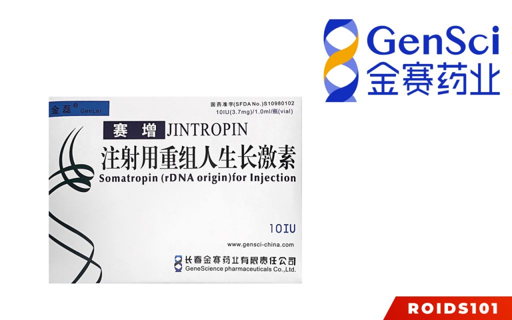 Jintropin real HGH on white background with GeneScience logo