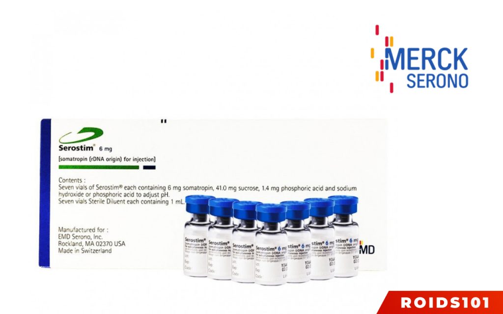 Merck Serono logo and real HGH Serostim on white background