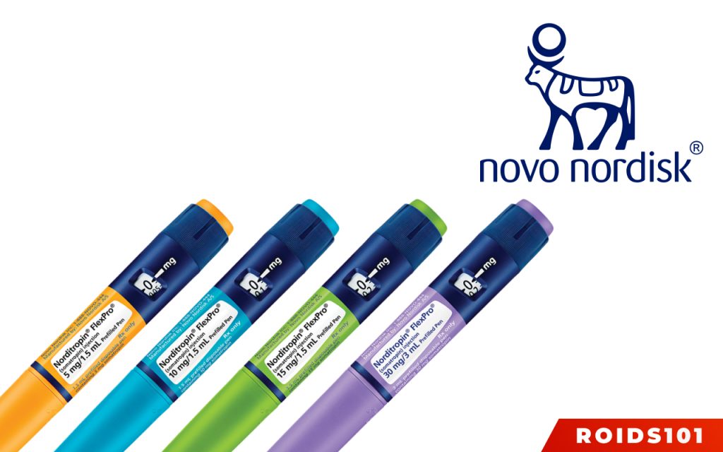 Novo Nordisk logo and Nordifles HGH on white background