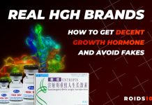 Jintropin and APoxar real HGH brands on red background