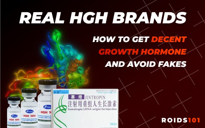 Jintropin and APoxar real HGH brands on red background