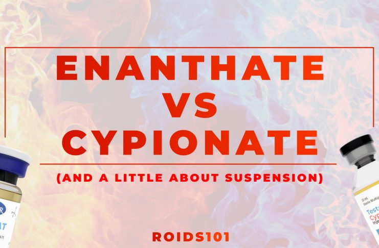 Testosterone Enanthate vs Testosterone Cypionate on a dark fire background